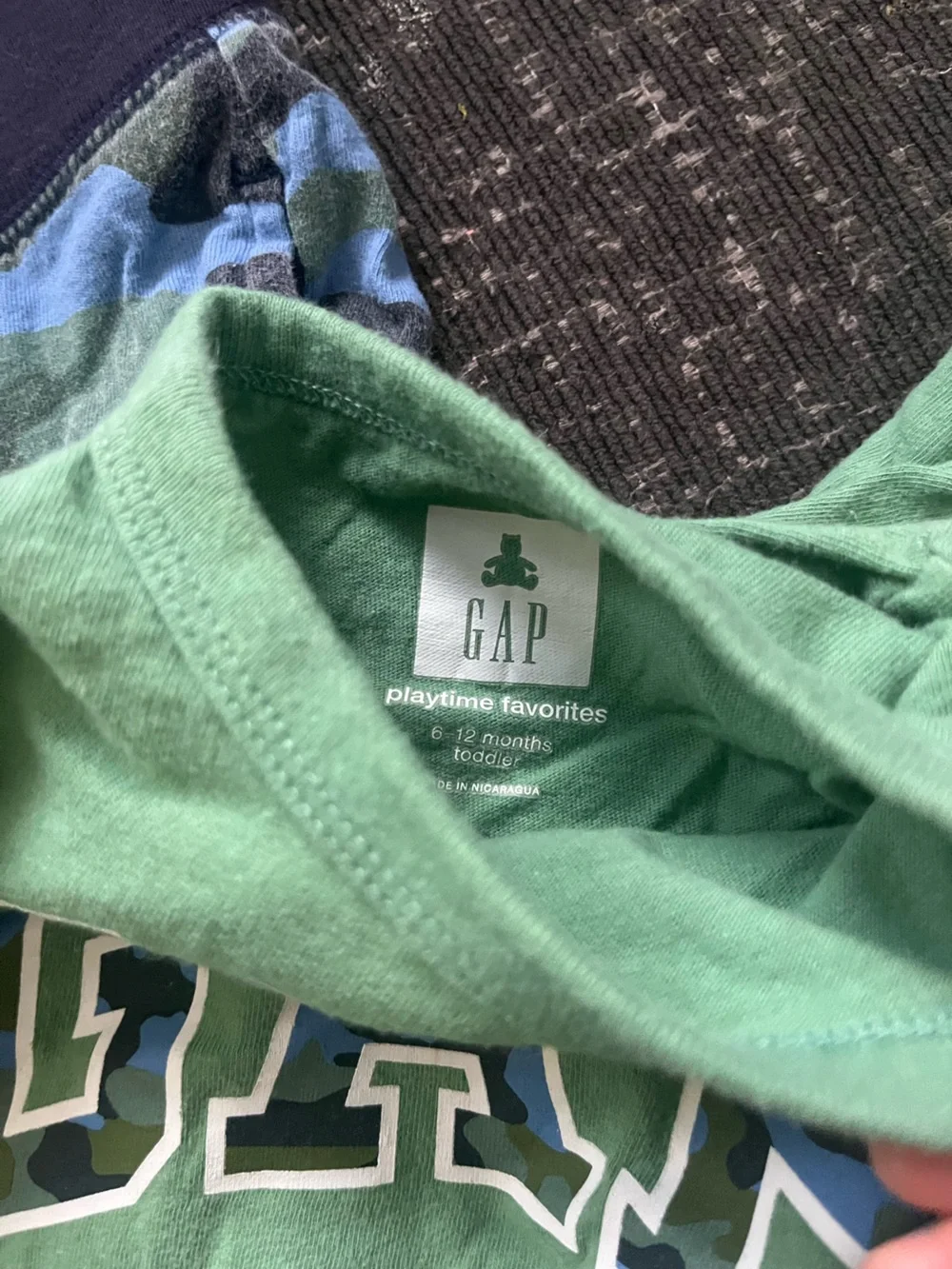 GAP Green Long Sleeve Tee with Blue & Black Camo Letters